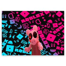 Поздравительная открытка с принтом Roblox piggy/Свинка Пигги в Белгороде, 100% бумага | плотность бумаги 280 г/м2, матовая, на обратной стороне линовка и место для марки
 | Тематика изображения на принте: game | piggy | roblox | блок | игра | игрушка | лего | майнкрафт | персонажи | персонажи из кубиков | пигги | роблокс | робот | свинка