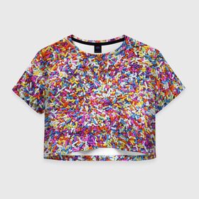 Женская футболка Crop-top 3D с принтом Разноцветные конфеты в Белгороде, 100% полиэстер | круглая горловина, длина футболки до линии талии, рукава с отворотами | гора конфет | конфеты | разноцветные конфеты | сладости