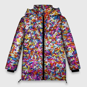 Женская зимняя куртка 3D с принтом Разноцветные конфеты в Белгороде, верх — 100% полиэстер; подкладка — 100% полиэстер; утеплитель — 100% полиэстер | длина ниже бедра, силуэт Оверсайз. Есть воротник-стойка, отстегивающийся капюшон и ветрозащитная планка. 

Боковые карманы с листочкой на кнопках и внутренний карман на молнии | гора конфет | конфеты | разноцветные конфеты | сладости