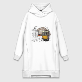 Платье-худи хлопок с принтом Белый и желтый поезд в Белгороде,  |  | белый и желтый поезд | город | дорога | трамвай | транспорт | улица