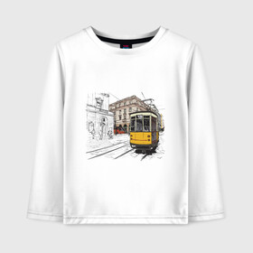 Детский лонгслив хлопок с принтом Белый и желтый поезд в Белгороде, 100% хлопок | круглый вырез горловины, полуприлегающий силуэт, длина до линии бедер | белый и желтый поезд | город | дорога | трамвай | транспорт | улица