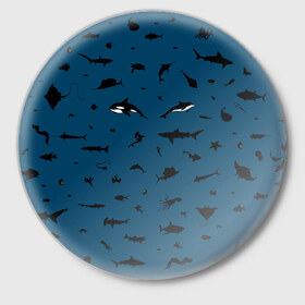 Значок с принтом Fish в Белгороде,  металл | круглая форма, металлическая застежка в виде булавки | dolphin | fish | killer whale | see life | shark | акула | дельфин | касатка | морские обитатели | рыба