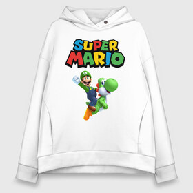 Женское худи Oversize хлопок с принтом Super Mario в Белгороде, френч-терри — 70% хлопок, 30% полиэстер. Мягкий теплый начес внутри —100% хлопок | боковые карманы, эластичные манжеты и нижняя кромка, капюшон на магнитной кнопке | Тематика изображения на принте: game | mario kart live home circuit | super mario | super mario 3d world | super mario 64 | super mario galaxy | super mario sunshine | гумба | игра super mario | игра марио | йоши | купалинги | лакиту | луиджи | марио | надпись | нинтендо | 