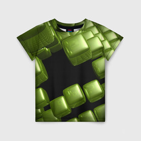 Детская футболка 3D с принтом зеленый куб в Белгороде, 100% гипоаллергенный полиэфир | прямой крой, круглый вырез горловины, длина до линии бедер, чуть спущенное плечо, ткань немного тянется | 3d | абстракция | зеленый | илюзия | квадрат | куб