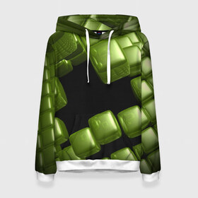 Женская толстовка 3D с принтом зеленый куб в Белгороде, 100% полиэстер  | двухслойный капюшон со шнурком для регулировки, мягкие манжеты на рукавах и по низу толстовки, спереди карман-кенгуру с мягким внутренним слоем. | 3d | абстракция | зеленый | илюзия | квадрат | куб