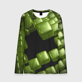 Мужской лонгслив 3D с принтом зеленый куб в Белгороде, 100% полиэстер | длинные рукава, круглый вырез горловины, полуприлегающий силуэт | 3d | абстракция | зеленый | илюзия | квадрат | куб