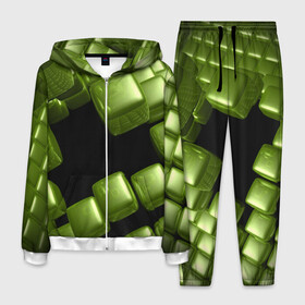 Мужской костюм 3D с принтом зеленый куб в Белгороде, 100% полиэстер | Манжеты и пояс оформлены тканевой резинкой, двухслойный капюшон со шнурком для регулировки, карманы спереди | 3d | абстракция | зеленый | илюзия | квадрат | куб