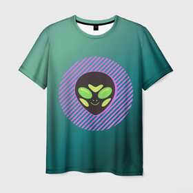 Мужская футболка 3D с принтом Инопланетяша на зеленом фоне в Белгороде, 100% полиэфир | прямой крой, круглый вырез горловины, длина до линии бедер | градиент | зеленый | инопланетянин | круг | лицо | наука | нло | подарок | полоски | пришелец | улыбка | фантастика | фиолетовый