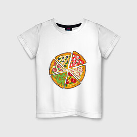 Детская футболка хлопок с принтом Пицца ассорти в Белгороде, 100% хлопок | круглый вырез горловины, полуприлегающий силуэт, длина до линии бедер | Тематика изображения на принте: грибы | колбаса | креветки | кусочки пиццы | оливки | пицца | пиццерия | помидоры