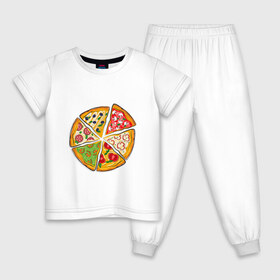 Детская пижама хлопок с принтом Пицца ассорти в Белгороде, 100% хлопок |  брюки и футболка прямого кроя, без карманов, на брюках мягкая резинка на поясе и по низу штанин
 | грибы | колбаса | креветки | кусочки пиццы | оливки | пицца | пиццерия | помидоры