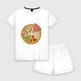 Женская пижама с шортиками хлопок с принтом Пицца ассорти в Белгороде, 100% хлопок | футболка прямого кроя, шорты свободные с широкой мягкой резинкой | Тематика изображения на принте: грибы | колбаса | креветки | кусочки пиццы | оливки | пицца | пиццерия | помидоры