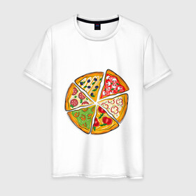 Мужская футболка хлопок с принтом Пицца ассорти в Белгороде, 100% хлопок | прямой крой, круглый вырез горловины, длина до линии бедер, слегка спущенное плечо. | Тематика изображения на принте: грибы | колбаса | креветки | кусочки пиццы | оливки | пицца | пиццерия | помидоры