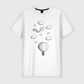 Мужская футболка хлопок Slim с принтом Воздушный шар в Белгороде, 92% хлопок, 8% лайкра | приталенный силуэт, круглый вырез ворота, длина до линии бедра, короткий рукав | в воздухе | воздушный змей | воздушный шар | летит | нарисованный шар | облака | облачка | полет | птицы | птички | шар | шарик
