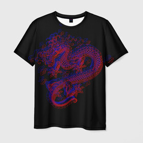 Мужская футболка 3D с принтом 3д Дракон в Белгороде, 100% полиэфир | прямой крой, круглый вырез горловины, длина до линии бедер | 3д эффект | китайский дракон | красный | миф | оптическая иллюзия | синий