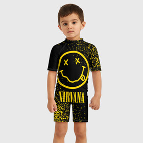 Детский купальный костюм 3D с принтом NIRVANA   НИРВАНА в Белгороде, Полиэстер 85%, Спандекс 15% | застежка на молнии на спине | band | cobain | face | kurt | logo | music | nirvana | rock | rocknroll | группа | кобейн | курт | лого | логотип | музыка | музыкальная | нирвана | рожица | рок | рокнролл | символ