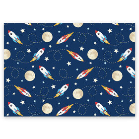 Поздравительная открытка с принтом Космический путь в Белгороде, 100% бумага | плотность бумаги 280 г/м2, матовая, на обратной стороне линовка и место для марки
 | арт | космос | луна | планета | планеты | полёт | полёт в космосе | ракета | ракеты | рисунок