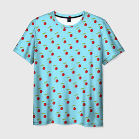 Мужская футболка 3D с принтом Узор с вишни на голубом фоне в Белгороде, 100% полиэфир | прямой крой, круглый вырез горловины, длина до линии бедер | вишенки | вишни | декор | лето | плоды | узор | фрукты | черешни | ягоды