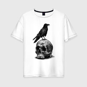 Женская футболка хлопок Oversize с принтом Ворона в Белгороде, 100% хлопок | свободный крой, круглый ворот, спущенный рукав, длина до линии бедер
 | арт | ворона | карандаш | птица | череп