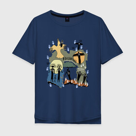 Мужская футболка хлопок Oversize с принтом Этнический стиль в Белгороде, 100% хлопок | свободный крой, круглый ворот, “спинка” длиннее передней части | белый | ворон | золотой | иероглифы | индейцы | луна | люди | охота | ритуал | синий | солнце | этника