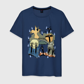 Мужская футболка хлопок с принтом Этнический стиль в Белгороде, 100% хлопок | прямой крой, круглый вырез горловины, длина до линии бедер, слегка спущенное плечо. | белый | ворон | золотой | иероглифы | индейцы | луна | люди | охота | ритуал | синий | солнце | этника