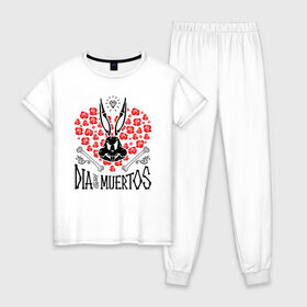 Женская пижама хлопок с принтом Dia De Los Muertos в Белгороде, 100% хлопок | брюки и футболка прямого кроя, без карманов, на брюках мягкая резинка на поясе и по низу штанин | bugs bunny | looney tunes | vdzabma | багз банни | луни тюнз