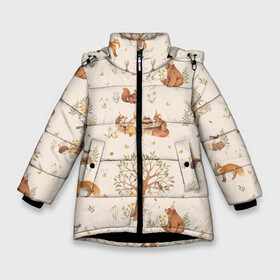 Зимняя куртка для девочек 3D с принтом Forest animals в Белгороде, ткань верха — 100% полиэстер; подклад — 100% полиэстер, утеплитель — 100% полиэстер. | длина ниже бедра, удлиненная спинка, воротник стойка и отстегивающийся капюшон. Есть боковые карманы с листочкой на кнопках, утяжки по низу изделия и внутренний карман на молнии. 

Предусмотрены светоотражающий принт на спинке, радужный светоотражающий элемент на пуллере молнии и на резинке для утяжки. | белки | детские принты | животные | зайчики | картинки детские | кролики | лесные животные | милые животные | милые звери