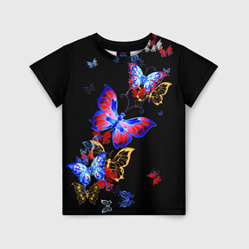 Детская футболка 3D с принтом Поцелуй бабочек в Белгороде, 100% гипоаллергенный полиэфир | прямой крой, круглый вырез горловины, длина до линии бедер, чуть спущенное плечо, ткань немного тянется | angel | butterfly | fairy | neon | night | wings | ангел | бабочка | бабочки | девушке | животные | красочные | крылья | летающие | магия | махаон | мотыльки | насекомые | неоновые | ночные | ночь | подарок | природа