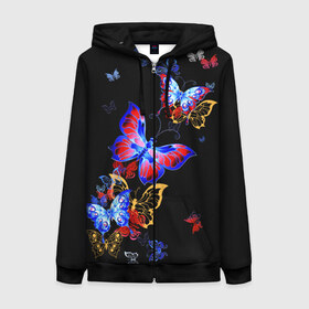 Женская толстовка 3D на молнии с принтом Поцелуй бабочек в Белгороде, 100% полиэстер | длина до линии бедра, манжеты и пояс оформлены мягкой тканевой резинкой, двухслойный капюшон со шнурком для регулировки, спереди молния, по бокам два кармана | angel | butterfly | fairy | neon | night | wings | ангел | бабочка | бабочки | девушке | животные | красочные | крылья | летающие | магия | махаон | мотыльки | насекомые | неоновые | ночные | ночь | подарок | природа