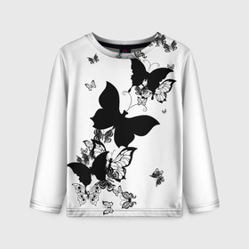 Детский лонгслив 3D с принтом Черные бабочки на белом в Белгороде, 100% полиэстер | длинные рукава, круглый вырез горловины, полуприлегающий силуэт
 | angel | black and white | butterfly | fairy | fashion girl | wings | ангел | бабочка | девушке | животные | крылья | летающие | магия | махаон | мотылек | мотыльки | насекомые | нежные | подарок | природа | сказочные | татуировки