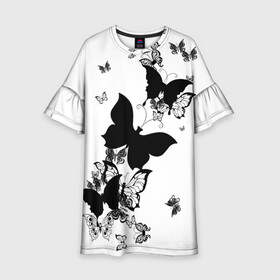 Детское платье 3D с принтом Черные бабочки на белом в Белгороде, 100% полиэстер | прямой силуэт, чуть расширенный к низу. Круглая горловина, на рукавах — воланы | angel | black and white | butterfly | fairy | fashion girl | wings | ангел | бабочка | девушке | животные | крылья | летающие | магия | махаон | мотылек | мотыльки | насекомые | нежные | подарок | природа | сказочные | татуировки