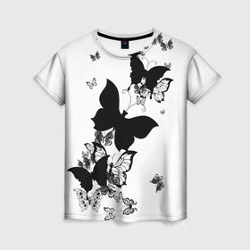 Женская футболка 3D с принтом Черные бабочки на белом в Белгороде, 100% полиэфир ( синтетическое хлопкоподобное полотно) | прямой крой, круглый вырез горловины, длина до линии бедер | angel | black and white | butterfly | fairy | fashion girl | wings | ангел | бабочка | девушке | животные | крылья | летающие | магия | махаон | мотылек | мотыльки | насекомые | нежные | подарок | природа | сказочные | татуировки