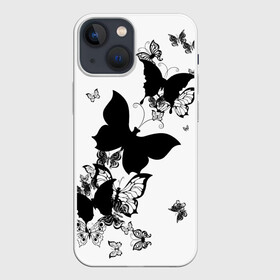 Чехол для iPhone 13 mini с принтом Черные бабочки на белом в Белгороде,  |  | angel | black and white | butterfly | fairy | fashion girl | wings | ангел | бабочка | девушке | животные | крылья | летающие | магия | махаон | мотылек | мотыльки | насекомые | нежные | подарок | природа | сказочные | татуировки