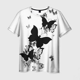 Мужская футболка 3D с принтом Черные бабочки на белом в Белгороде, 100% полиэфир | прямой крой, круглый вырез горловины, длина до линии бедер | angel | black and white | butterfly | fairy | fashion girl | wings | ангел | бабочка | девушке | животные | крылья | летающие | магия | махаон | мотылек | мотыльки | насекомые | нежные | подарок | природа | сказочные | татуировки