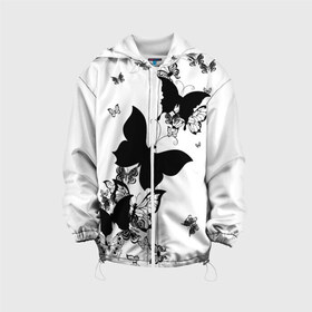 Детская куртка 3D с принтом Черные бабочки на белом в Белгороде, 100% полиэстер | застежка — молния, подол и капюшон оформлены резинкой с фиксаторами, по бокам — два кармана без застежек, один потайной карман на груди, плотность верхнего слоя — 90 г/м2; плотность флисового подклада — 260 г/м2 | Тематика изображения на принте: angel | black and white | butterfly | fairy | fashion girl | wings | ангел | бабочка | девушке | животные | крылья | летающие | магия | махаон | мотылек | мотыльки | насекомые | нежные | подарок | природа | сказочные | татуировки