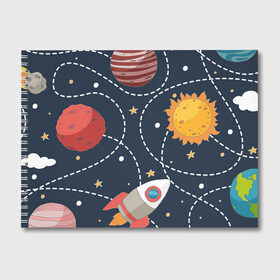 Альбом для рисования с принтом Космический перелёт в Белгороде, 100% бумага
 | матовая бумага, плотность 200 мг. | Тематика изображения на принте: арт | звезда | звёзды | земля | космос | марс | перелёт | планета | планеты | полёт | ракета | ракеты | рисунок | сатурн | солнце | юпитер