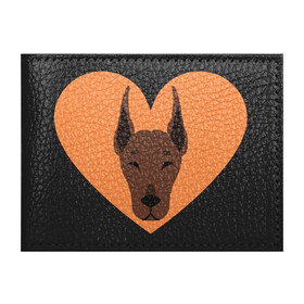 Обложка для студенческого билета с принтом Сердечный Доберман в Белгороде, натуральная кожа | Размер: 11*8 см; Печать на всей внешней стороне | доберман | животное | клыки | коричневый | красный | лапы | любовь | оранжевый | пес | питомец | подарок | сердце | собака | улыбка | шерсть | щенок