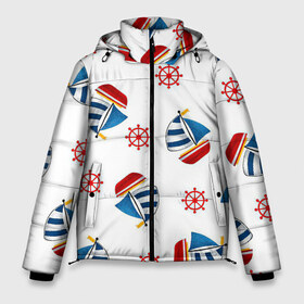 Мужская зимняя куртка 3D с принтом Морская атмосфера в Белгороде, верх — 100% полиэстер; подкладка — 100% полиэстер; утеплитель — 100% полиэстер | длина ниже бедра, свободный силуэт Оверсайз. Есть воротник-стойка, отстегивающийся капюшон и ветрозащитная планка. 

Боковые карманы с листочкой на кнопках и внутренний карман на молнии. | арт | белый | корабли | корабль | красный | море | рисунок | синий | штурвал | яхта | яхты