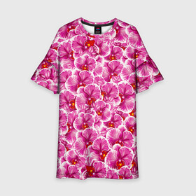 Детское платье 3D с принтом Розовые орхидеи в Белгороде, 100% полиэстер | прямой силуэт, чуть расширенный к низу. Круглая горловина, на рукавах — воланы | Тематика изображения на принте: fashion flowers | pink | tropical | азия | бабочки | бразилия | букет | бутоны | джунгли | лепестки | лето | любимая | марта | нежные | орхидея | подарок | природа | растения | тропики | тропические | узор | цветение