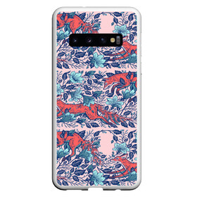 Чехол для Samsung Galaxy S10 с принтом Узор лисички в Белгороде, Силикон | Область печати: задняя сторона чехла, без боковых панелей | арт | бег | лес | лисицы | лисички | листья | лисы | природа | прыжок | рисунок | узор