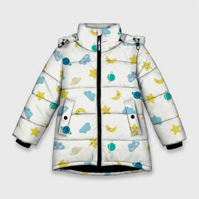 Зимняя куртка для девочек 3D с принтом Спокойной ночи в Белгороде, ткань верха — 100% полиэстер; подклад — 100% полиэстер, утеплитель — 100% полиэстер. | длина ниже бедра, удлиненная спинка, воротник стойка и отстегивающийся капюшон. Есть боковые карманы с листочкой на кнопках, утяжки по низу изделия и внутренний карман на молнии. 

Предусмотрены светоотражающий принт на спинке, радужный светоотражающий элемент на пуллере молнии и на резинке для утяжки. | арт | белый | звезда | звёздочка | луна | ночь | облачко | рисунок | сатурн | сон | спокойной ночи | туча | тучка