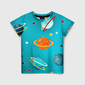 Детская футболка 3D с принтом Необычные планеты в Белгороде, 100% гипоаллергенный полиэфир | прямой крой, круглый вырез горловины, длина до линии бедер, чуть спущенное плечо, ткань немного тянется | арт | бирюзовый | венера | звезда | звёзды | земля | марс | планета | планеты | рисунок | рисунок карандашом | сатурн | синий