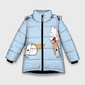 Зимняя куртка для девочек 3D с принтом ааа рожок в Белгороде, ткань верха — 100% полиэстер; подклад — 100% полиэстер, утеплитель — 100% полиэстер. | длина ниже бедра, удлиненная спинка, воротник стойка и отстегивающийся капюшон. Есть боковые карманы с листочкой на кнопках, утяжки по низу изделия и внутренний карман на молнии. 

Предусмотрены светоотражающий принт на спинке, радужный светоотражающий элемент на пуллере молнии и на резинке для утяжки. | Тематика изображения на принте: маска | медицинская маска | мороженое | прикольные картинки | рожок | смайлики | смайлы | стикербук | текстура | фон | эмоджи | эмодзи