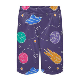 Детские спортивные шорты 3D с принтом Космические туристы в Белгороде,  100% полиэстер
 | пояс оформлен широкой мягкой резинкой, ткань тянется
 | арт | венера | звезда | звёзды | земля | инопланетяне | космос | марс | нло | ночь | планета | планеты | рисунок | сияние | тарелка | тарелки | юпитер