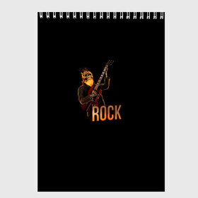Скетчбук с принтом ROCK в Белгороде, 100% бумага
 | 48 листов, плотность листов — 100 г/м2, плотность картонной обложки — 250 г/м2. Листы скреплены сверху удобной пружинной спиралью | Тематика изображения на принте: roc | rock | rok | гитара | рок | череп