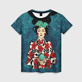 Женская футболка 3D с принтом Самоцветная девушка в Белгороде, 100% полиэфир ( синтетическое хлопкоподобное полотно) | прямой крой, круглый вырез горловины, длина до линии бедер | flowers | girl | венок | девушка | лилии | одуванчики | птичка | ромашки | синичка | узор | цветы