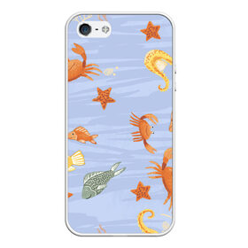 Чехол для iPhone 5/5S матовый с принтом Морские обитатели в Белгороде, Силикон | Область печати: задняя сторона чехла, без боковых панелей | арт | жёлтый | звезда | звёзды | коралл | кораллы | краб | крабы | красный | медуза | медузы | море | морская звезда | морские звёзды | морские коньки | морской конёк | песок | рисунок | рыба | рыбы