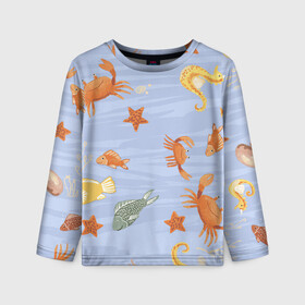 Детский лонгслив 3D с принтом Морские обитатели в Белгороде, 100% полиэстер | длинные рукава, круглый вырез горловины, полуприлегающий силуэт
 | Тематика изображения на принте: арт | жёлтый | звезда | звёзды | коралл | кораллы | краб | крабы | красный | медуза | медузы | море | морская звезда | морские звёзды | морские коньки | морской конёк | песок | рисунок | рыба | рыбы