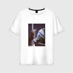 Женская футболка хлопок Oversize с принтом Космос за окном в Белгороде, 100% хлопок | свободный крой, круглый ворот, спущенный рукав, длина до линии бедер
 | cat | space | космос | кот | котик | кошка | мем | планета | прикол