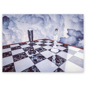 Поздравительная открытка с принтом Шахматы в Белгороде, 100% бумага | плотность бумаги 280 г/м2, матовая, на обратной стороне линовка и место для марки
 | доска | игра | игровая | игры | короли | король | настольная | настольные | небеса | небо | облака | облако | спорт | туча | тучи | шахматный | шахматы