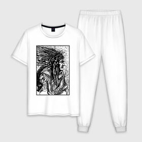 Мужская пижама хлопок с принтом Drawing indian в Белгороде, 100% хлопок | брюки и футболка прямого кроя, без карманов, на брюках мягкая резинка на поясе и по низу штанин
 | black | drawing | indian | индеец | рисунок | черный